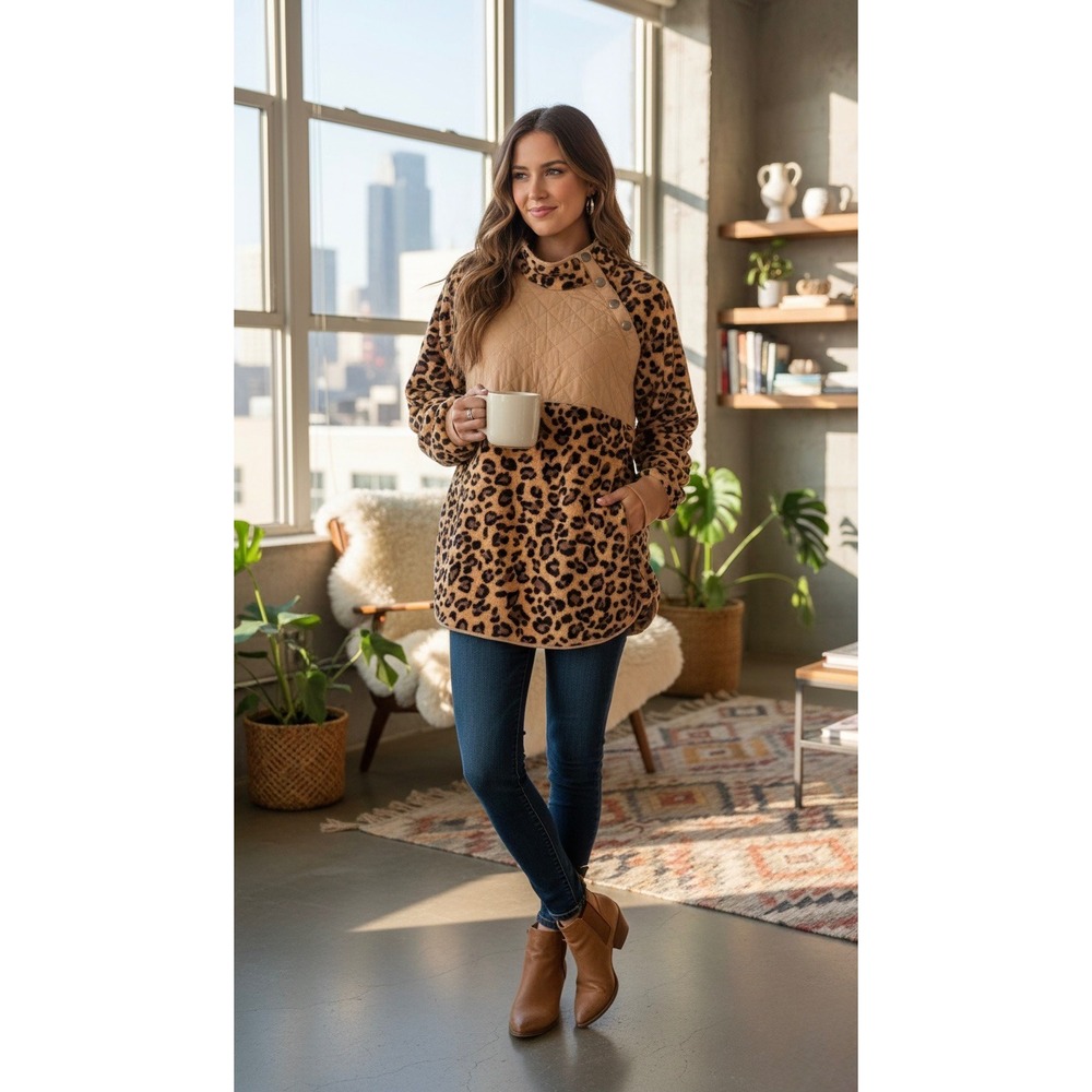 Cheetah Leopard Animal Print Fleece Pullover Sweater‎ Long Sleeve Women M